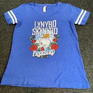 Lynyrd Skynyrd Freebird Graphic T-Shirt Blue V-Neck Eagle Roses Womens Small